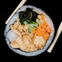 Yubu Kimbap (vegan) · Gluten-free kimbap roll with soy-marinated non-GMO yubu (tofu skins).  Includes carrots, cuc...