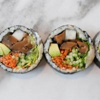 Shiitake Mushroom & Avocado Kimbap (vegan) · Gluten-free kimbap roll with seasoned shiitake mushrooms and avocado.  Includes carrots, cuc...