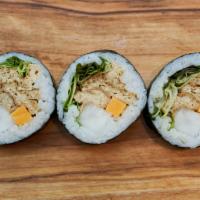 Yubu Kids Kimbap · A small roll with rice, seaweed, cheddar cheese, pickled radish, red leaf lettuce, sesame oi...