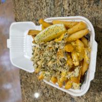 Crab Fries  · Cheese Fries topped with seasoned crab meat and Bayonne Batter sauce. 