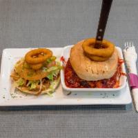 Barbeque Burger · Stuffed with 4 cheeses, fried onions, tomatoes and lettuce and smothered in barbeque sauce. ...