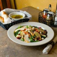 Spring Mix Salad · Spring mix topped with fresh apples, Gorgonzola cheese, cranberries, walnut and tomatoes in ...