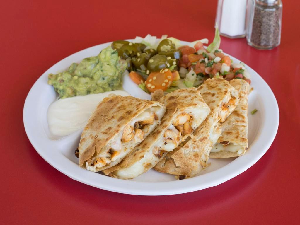Quesadillas Plate · Meat, cheese, pico de gallo, guacamole, jalapenos and sour cream.