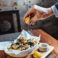 CALAMARI, ROCK SHRIMP & SHISHITOS FRITTI · curry salt & wasabi aioli 