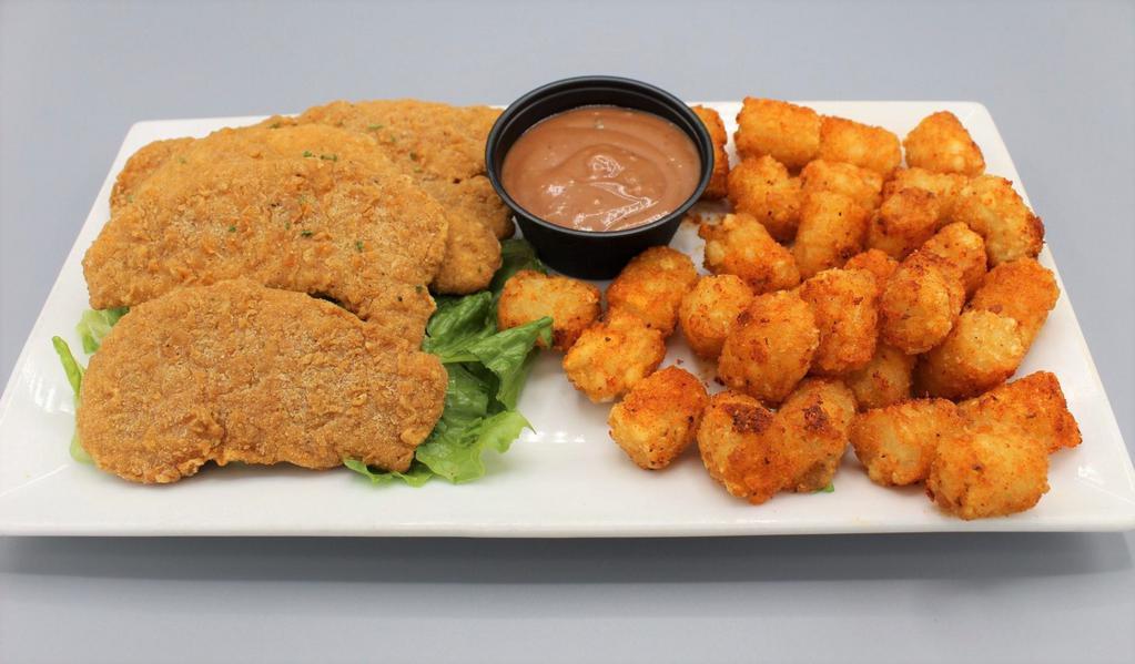 Chicken Strips · Tender white meat chicken, lightly seasoned and breaded, BBQ ranch dipping sauce and fries.