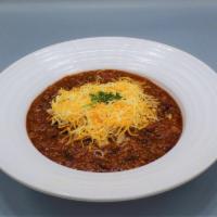 Homemade Chili · Our hearty mixture of seasoned ground beef, stewed tomatoes, kidney beans, chili sauce and b...