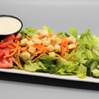 House Salad · Fresh chopped romaine lettuce, tomato and cucumber. Topped with shredded carrots and garlic ...