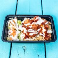 4. Chicken Tikka Masala Plate · Boneless chicken cube, basmati rice, white sauce and hot sauce.
