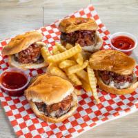 Sliders with Fries · 4 small slider burgers includes mayo, cheese, bacon 