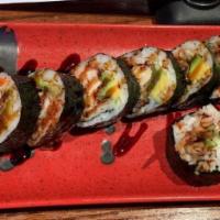Spider Maki Roll · Deep fried soft shell crab, avocado, cucumber and tobiko.