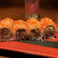 Oyster Tempura Roll · 8 pieces. Deep fried oyster with cucumber tobiko outside.