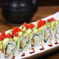 Dragon Roll · Eel cucumber with avocado and tobiko outside.