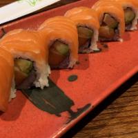 Pinky Lady Roll · Salmon, avocado with salmon on top.