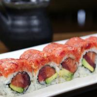 Red Boy Roll · Tuna, salmon, avocado with spicy tuna on top.