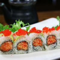 Amaebi Roll · Spicy crab crunch inside with sweet shrimp and avocado on top.