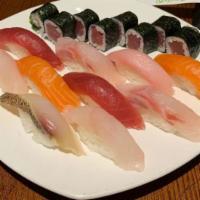 Sushi Deluxe · Tuna roll and 10 pieces of sushi.