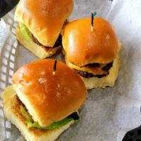Sliders · Beef, lettuce and cheddar cheese on a brioche bun.