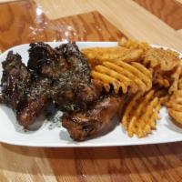 Smoked BBQ Party Wings · Served with waffle fries