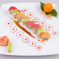 1. Fuji Roll · Shrimp tempura, jalapeno, masago, cream cheese inside, topped with salmon, tuna, avocado and...