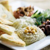 Mediterranean Plate · Hummus, Falafel, Tzatziki, Feta, Pita, Cucumbers
