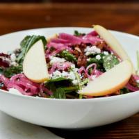 Seasonal Kale Harvest Salad · Arugula, kale, radicchio, chili pecans, apple, goat cheese, pickled red onion, craisins, avo...