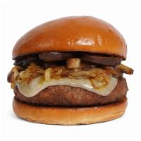 The Mushroom Lover Burger · Beef patty with roasted mushrooms, caramelized onions, melted swiss cheese, and mayo on a fl...