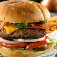 Jalapeno Cheeseburger · 1/4 lb. juicy beef patty topped with chopped jalapenos, cheddar cheese, lettuce, tomatoes, a...