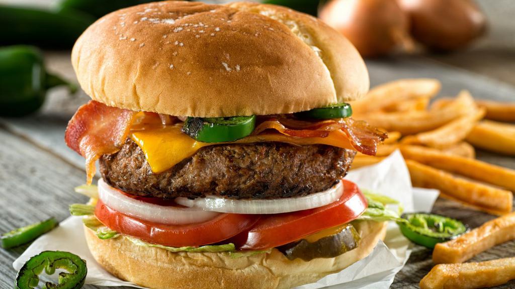 Jalapeno Cheeseburger · 1/4 lb. juicy beef patty topped with chopped jalapenos, cheddar cheese, lettuce, tomatoes, and customer choice of sauce.