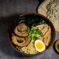 1. Tokyo Tonkotsu Shouyu Ramen 东京豚骨拉面 · Chashu pork，1/2 marinated egg，bamboo shoots，corn，wakame，scallions，nori.