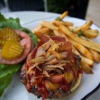Westwood Burger · Lettuce, tomato, pickles cheddar, bacon, fried shallots, bbq whiskey sauce, served with fries