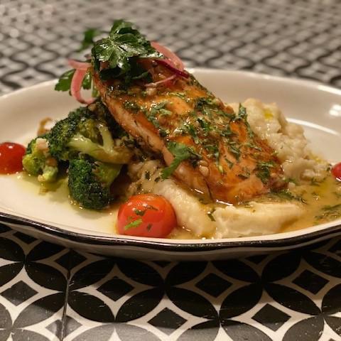 Pan seared Salmon · Lemon, garlic, capers, mashed potatoes and grilled asparagus