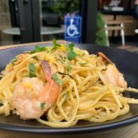 Shrimp Scampi · Linguini pasta, garlic wine sauce, lemon zest, parsley, breadcrumbs. 