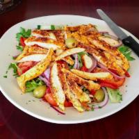 Cajun Chicken Spring Mix Salad · Spring mix, tomato, cucumber, green olives, red onions, roasted red peppers, mozzarella chee...