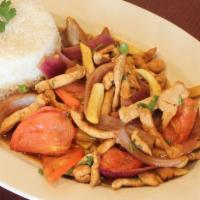 Pollo Saltado · Sauteed chicken with tomatoes, onion, french fries and rice. 