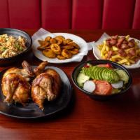 Combo Don Pollo · Served with whole chicken, salad, french fries with sliced hotdog, Peruvian fried rice and s...