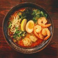 Laksa Shrimp · Spicy curry broth, shrimp, wonton, egg and cilantro.