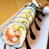 Mother of Dragon Roll · Fried shrimp, avocado, cucumber, house crab, spicy tuna and unagi sauce.