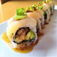 Master Piece Roll · Braised pork belly, scallop, avocado, basil, ginger honey sauce and fried shallot.