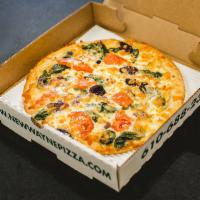 Greek Pizza · Spinach, tomatoes, Kalamata olives and imported feta cheese.