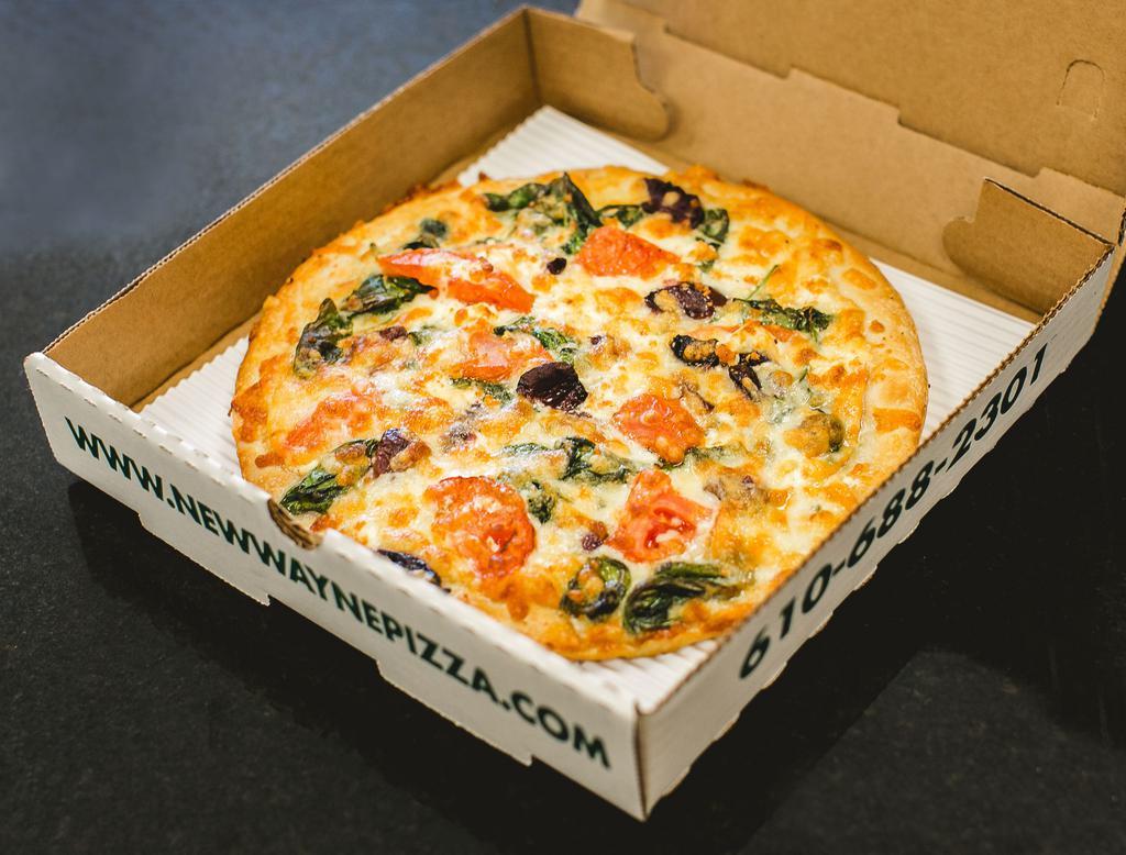 Greek Pizza · Spinach, tomatoes, Kalamata olives and imported feta cheese.