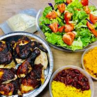 Whole Chicken With 2 Hot Side Orders and Large Green Salad.  · Served with your choice of two hot side orders, large green salad, and pita bread. 