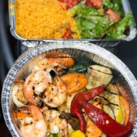 Jumbo Shrimp · Served with salad, rice, grilled vegetables and pita.