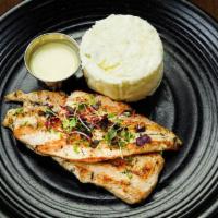 Chicken Breast · Grilled chicken breast topped with brandy sauce and served with mashed potato 