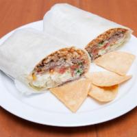 Bistek Burrito · Steak. Served with rice, beans, lettuce, tomato, grated cheese, sour cream, onions and cilan...