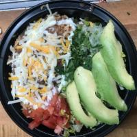 Vejetable burrito Bowl · Rice, beans, cheese,lettuce,tomatoes, sour cream,onions cilantro and avocado as well