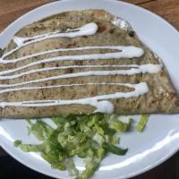 22. Steak Fajita Quesadilla · Grilled steak, fried onions, tomato, peppers and chipotle, with melted mozzarella and jack c...