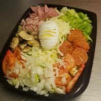 Italian Chef Salad · Tomatoes, onions, green peppers, mushrooms, pepperoni, salami, ham and sliced egg piled on c...