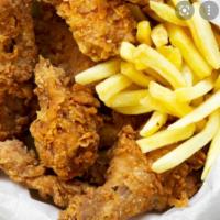 Chicken Wings Fries · Cooked wing of a chicken coated in sauce or seasoning. Fried potatoes. 
