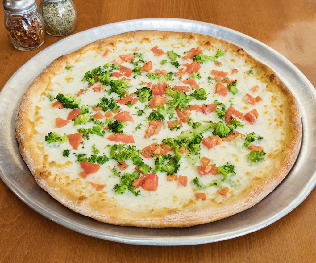 Vegetable White Special Pizza · Mushrooms, broccoli, green peppers, spinach, onions and garlic.