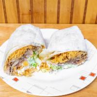 Burrito · Flour tortilla stuffed with rice, beans, lettuce, pico de gallo, and meat.